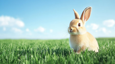 A cute rabbit sitting in a field of fresh grass, with a clear blue sky in the background offering ample space for text.の素材