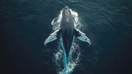 A breathtaking view of a humpback whale swimming gracefully through the deep ocean waters, showcasing the beauty of marine wildlife and nature.の素材