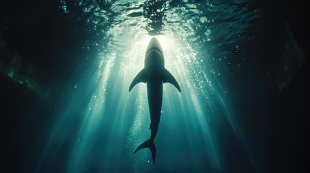 A captivating silhouette of a shark gliding through serene underwater light rays. This image evokes a sense of tranquility and mystery in the ocean depths.の素材