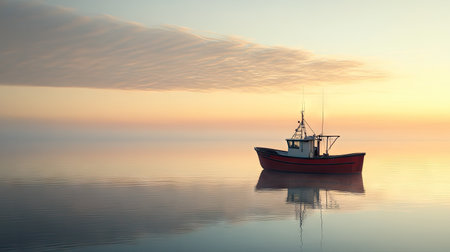 A fishing boat floating gently on calm waters at sunrise, with plenty of open space in the sky for adding text.の素材