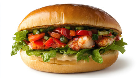 A fresh lobster sandwich featuring vibrant vegetables and savory sauce, perfect for lunch or a casual meal. Ideal for food photography and menus.の素材