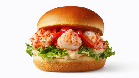 This appetizing fresh lobster sandwich features grilled seafood, crisp lettuce, and vibrant red peppers, all nestled in a soft bun, ideal for any meal.の素材