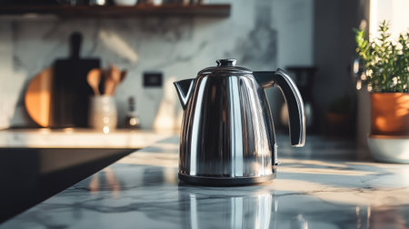 A kettle with a shiny finish on a marble kitchen counter, with a clear area in the background for adding text.の素材