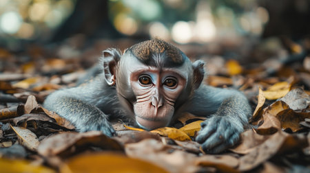 A monkey with a weak posture lying on a bed of leaves, with a clean, unobtrusive background for adding text or copy.の素材
