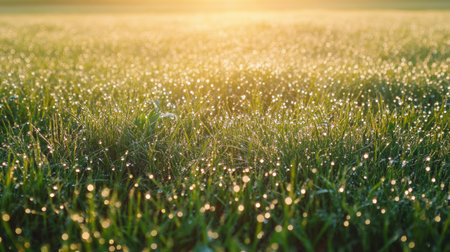 A field of dew-covered grass bathed in early morning light, with ample open sky for text.の素材