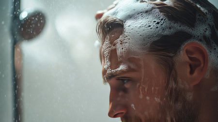 A man in the shower, lathering shampoo into his hair with a clean, blurred background, offering ample space for text.の素材
