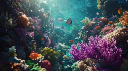 Explore a vibrant underwater world filled with colorful fish and stunning coral formations. This serene marine ecosystem showcases the beauty and diversity of ocean life.の素材