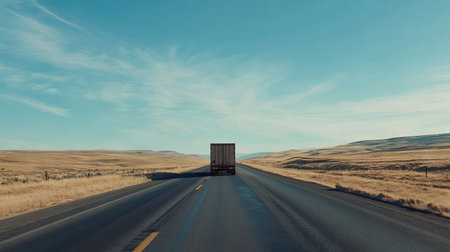 A freight truck on an open road with a clear sky above for text placement.の素材