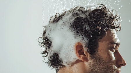A man with his hair under a shower stream, lathering shampoo, with a clean background providing space for adding text.の素材