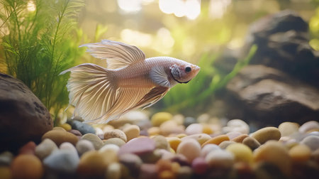 A stunning betta fish gracefully swims among colorful pebbles in a peaceful aquarium scene, showcasing the beauty of aquatic life and vibrant underwater environments.の素材
