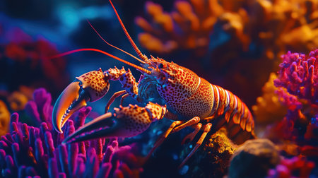 A vibrant lobster moves gracefully among colorful corals, showcasing the beauty of underwater life. This stunning marine scene highlights the diversity and richness of ocean ecosystems.の素材