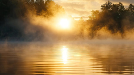 A close-up of the sun peeking through morning mist with a clean foreground for adding copy.の素材