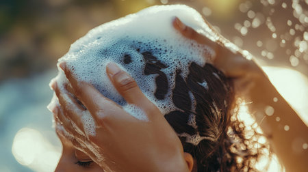 A close-up of a woman hands massaging shampoo into her hair, with a soft-focus background providing space for text placement.の素材