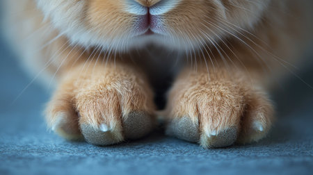 A close-up of a rabbit's paws and nose on a plain background, with ample space around for text or copy.の素材