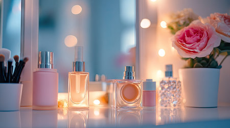A close-up of beauty products on a dressing table, with a blurred background leaving room for copy.の素材