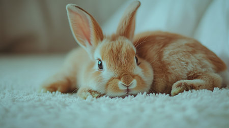 A close-up of a rabbit with a weak posture lying in a clean, simple environment, providing plenty of open space for adding text.の素材