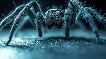 A close-up of a spider legs on a smooth surface, with a clean background for text placement.の素材