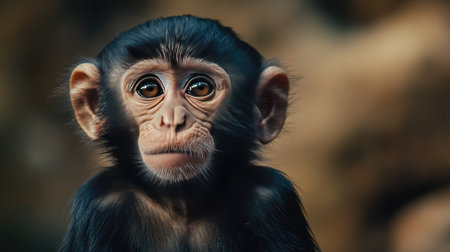 A close-up of a monkey with a drooping expression, surrounded by a soft-focus background for adding text.の素材