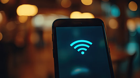 A close-up of a smartphone screen showing a strong Wi-Fi signal with a blurred background, leaving space for text.の素材