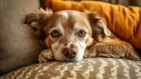 A close-up of a sick dog resting on a couch, with a neutral background offering plenty of room for text placement.の素材