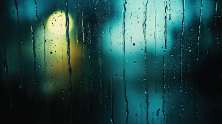 A close-up of rain pouring down a window during a storm, with a blurred background providing space for text.の素材