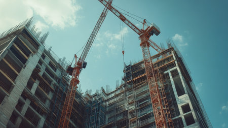 A construction site with cranes and scaffolding, with ample open space in the sky for adding text.の素材