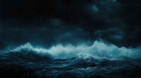 A dark, stormy sea with crashing waves and heavy rain, with plenty of open space above for adding text.の素材