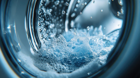 A close-up of a washing machine door mid-cycle, with soapy water visible and space for copy above.の素材