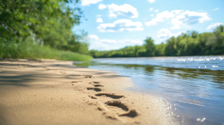 A close-up of footprints in the sand along a riverbank, with a clear, open sky above for text placement.の素材