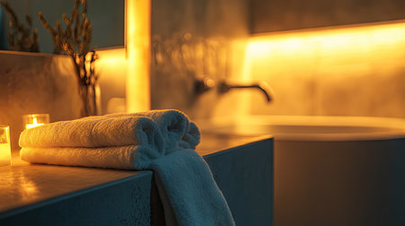 A cozy bathroom with soft lighting and a towel rack, leaving space for copy in the background.の素材