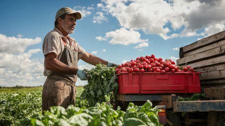 A farmer loading freshly harvested vegetables into a truck, with clear sky space around the scene for text placement.の素材