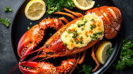 Enjoy a beautifully plated lobster dish, topped with a creamy blend and served with fresh lemons and greenery. Perfect for gourmet lovers!の素材