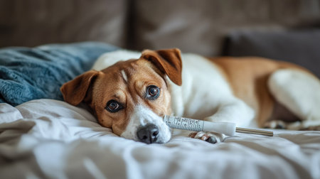 A dog with a thermometer in its mouth, lying on a bed with a blurred background, leaving ample space for text.の素材