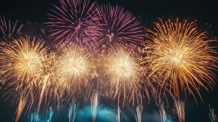 A dazzling display of fireworks bursting in the night sky, with ample open space above for adding text.の素材