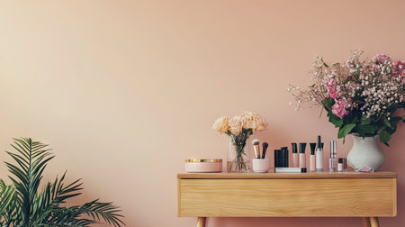 A dressing table with a vase of flowers and a few makeup items, with empty wall space for text.の素材