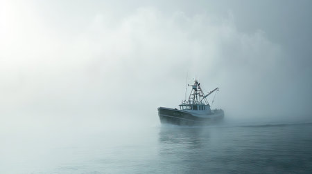 A fishing boat navigating through foggy waters, with a clear sky above and plenty of space for adding text.の素材