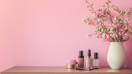 A dressing table with a vase of flowers and a few makeup items, with empty wall space for text.の素材