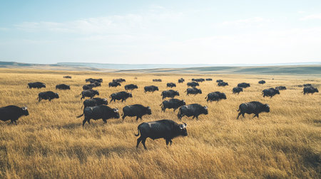 A herd of buffaloes moving across a grassy plain, with a vast and clear background offering space for text.の素材