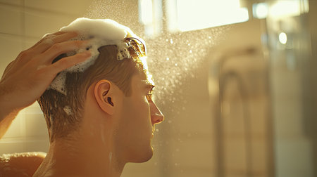 A man in a bright, modern bathroom, washing his hair with shampoo, with plenty of space in the background for text or copy.の素材