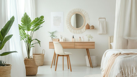 A dressing table in a bright bedroom, neatly organized with space on the wall for adding text.の素材