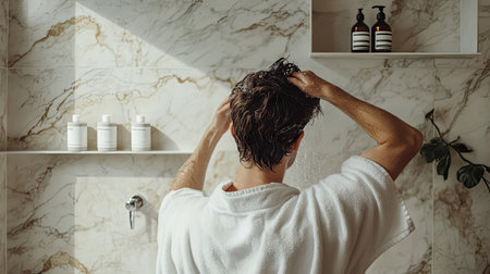 A man in a bathrobe, washing his hair in a stylish bathroom with a minimal background, offering ample space for text or copy.の素材