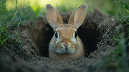 A rabbit peeking out of a burrow with a soft-focus background, offering ample space for adding text or copy.の素材
