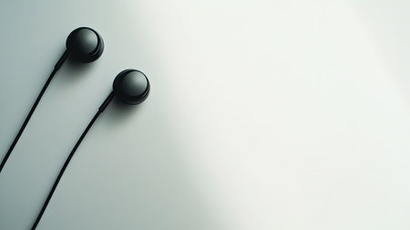 A pair of modern earphones lying on a white surface, with plenty of open space around for adding text or copy.の素材