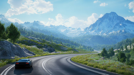 A scenic view of a mountain road with a car driving by, leaving plenty of space for copy.の素材