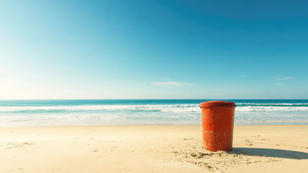 A rubbish bin on a sandy beach, with clear sky and ocean horizon providing space for text.の素材