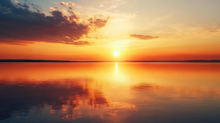 A peaceful lake reflecting the warm hues of a sunset, with room in the sky above the horizon for adding text.の素材