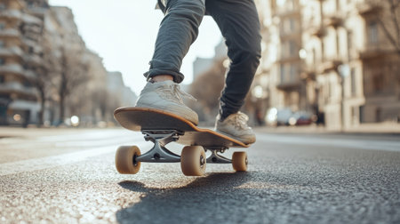 A person riding a skateboard on an empty street, with a clean backdrop for text.の素材