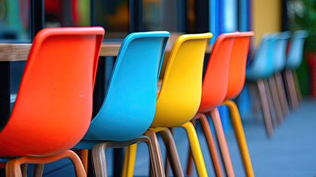 A row of colorful chairs in an outdoor caf with a clean background and space for copy.の素材