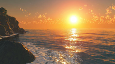 A scenic coastline with the sun setting over the ocean, leaving a large clear sky area for adding text.の素材