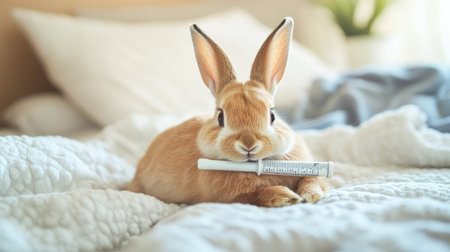 A rabbit with a thermometer in its mouth, resting on a bed with a clean background, offering space for text or copy. -の素材